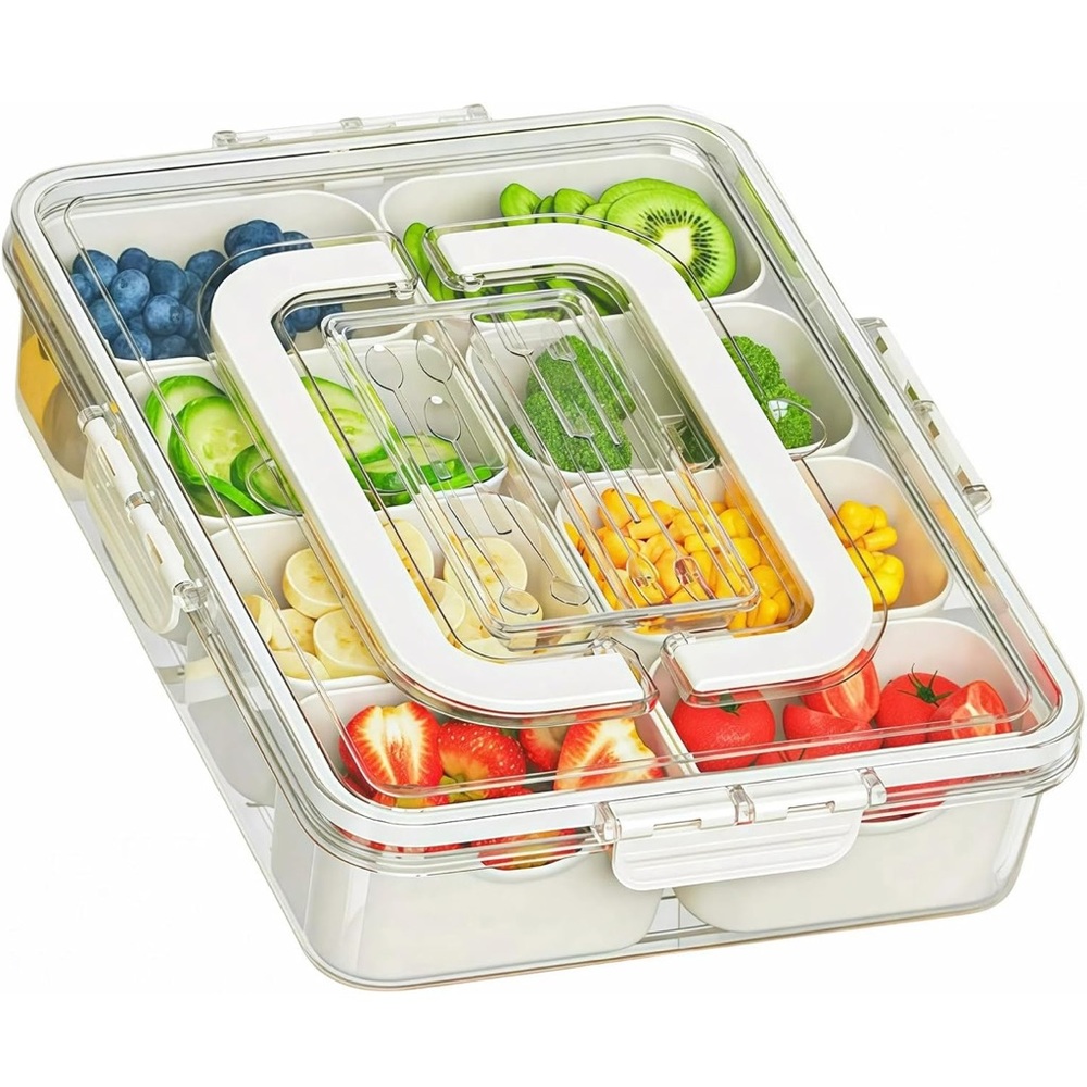 New Snackle Box Container, Divided Serving Tray with Lid and Handle (1-Pack)